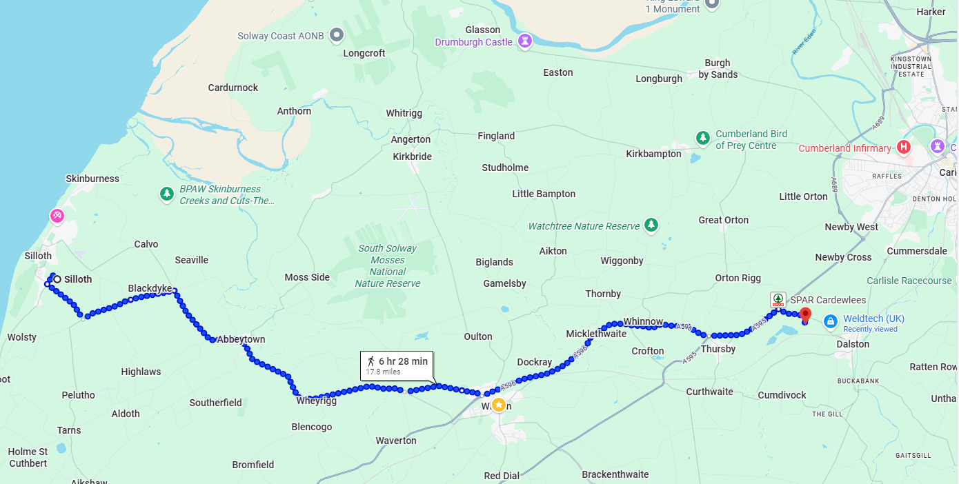 Map showing approximate walking route of the Glaister family from Silloth to Cardewlees Farm beside Dalston village.