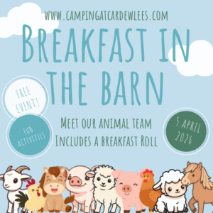 Promotional graphic advertising breakfast in the barn on the 5th April. Includes farm yard animal illustrations.
