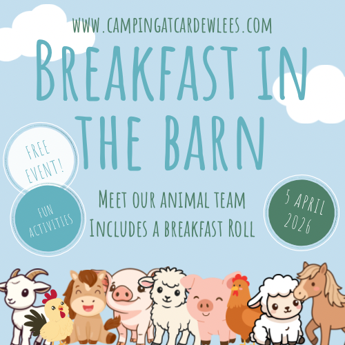 Promotional graphic advertising breakfast in the barn on the 5th April. Includes farm yard animal illustrations.