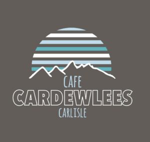 Cafe Cardewlees Carlisle logo with striped circle and white mountain outline on a dark grey background.