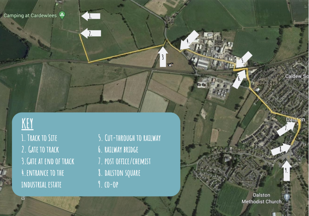 Annotated satellite map showing the route from Dalston to Camping at Cardewlees, with numbered arrows and a key for landmarks like the railway bridge, Co-op and gates.