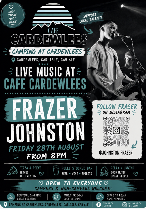 Poster for Fraser Johnston performing live at Cafe Cardewlees, Carlisle, on Friday 28 August 2026 from 8pm.