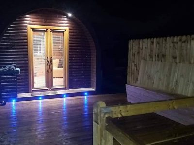 The camping pod during the evening