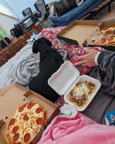 Dog lying on a bed inside a tent while people eat takeaway pizza and a cheesy pasta dish from open boxes.